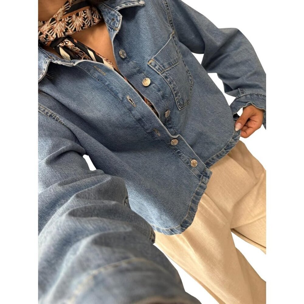 Women's Crop Jean Denim Jackets Button Down Long Sleeve Jacket Coat Blue-b - Picture 2 of 7